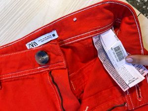 ZARA Red High-Waist Straight Pants 100% Cotton