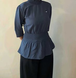 Elegant Gray Smocked Blouse