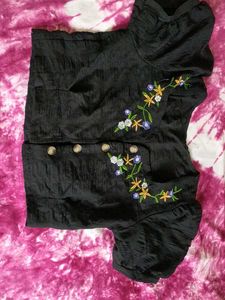 Black Embroidered Button-Up Top