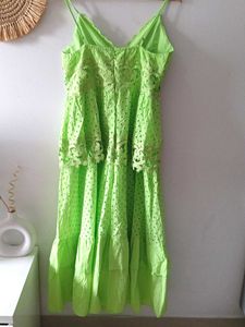 Neon Green Schiffli Lace Tiered Maxi