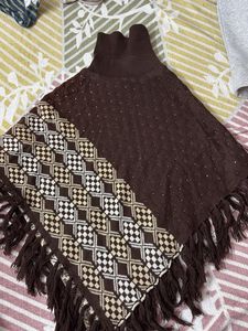 Brown Knit Fringe Poncho