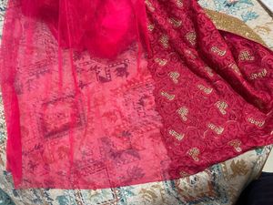Hot Pink Embellished Net Saree
