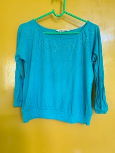 Teal Blue 3/4 Sleeve Embellished Casual Top