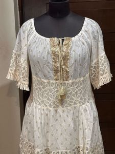 Women’s Cream Gold Embroidered Lace Trim  Dress