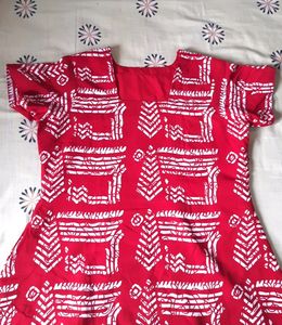 Red And White Polyester Kurta Pant Set