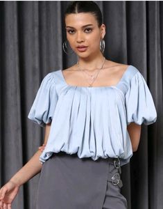 Shein square neck Chic Blue Puff Sleeve Top