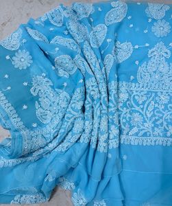 Ice Blue Lukhnowi work saree