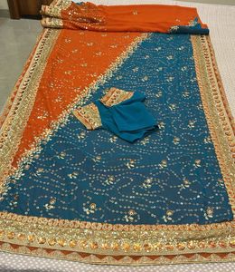 Teal & Orange Embellished Saree