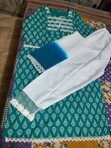 Teal &amp; White Kurti Pant Set