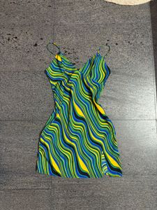 Y2K Vintage Halter Neck Blue Wave Dress With Slit