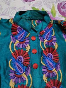 🎀Stunning Teal Kurti with Multicolor Embroidery
