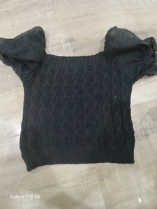 Black Puff Sleeve Knit Top Croshet