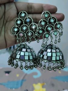 big beautiful mirror work oxidised jhumka