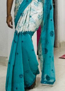 Elegant White &amp; Blue Saree