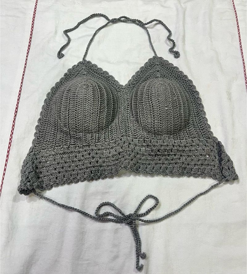 Grey Crochet Halter Bralette