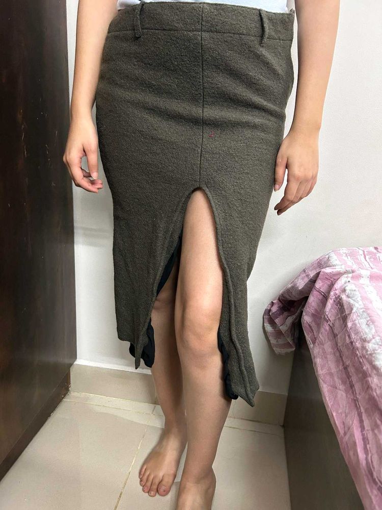 Olive Green Slit Midi Skirt