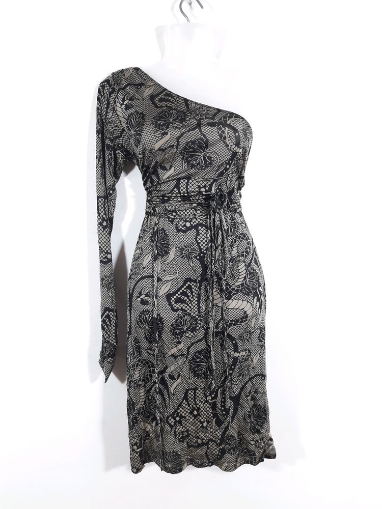 Black &amp; Gold Color Printed Ond Shoulder Dress ( Wo