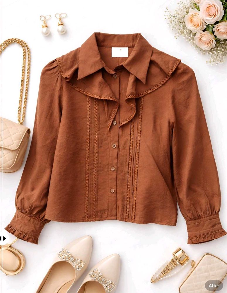 New with tag cute Brown Ruffled Button-Up Top