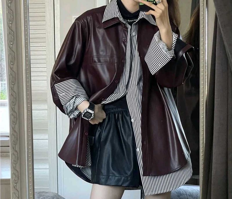 Solid PU Leather Look  CASUAL Jacket