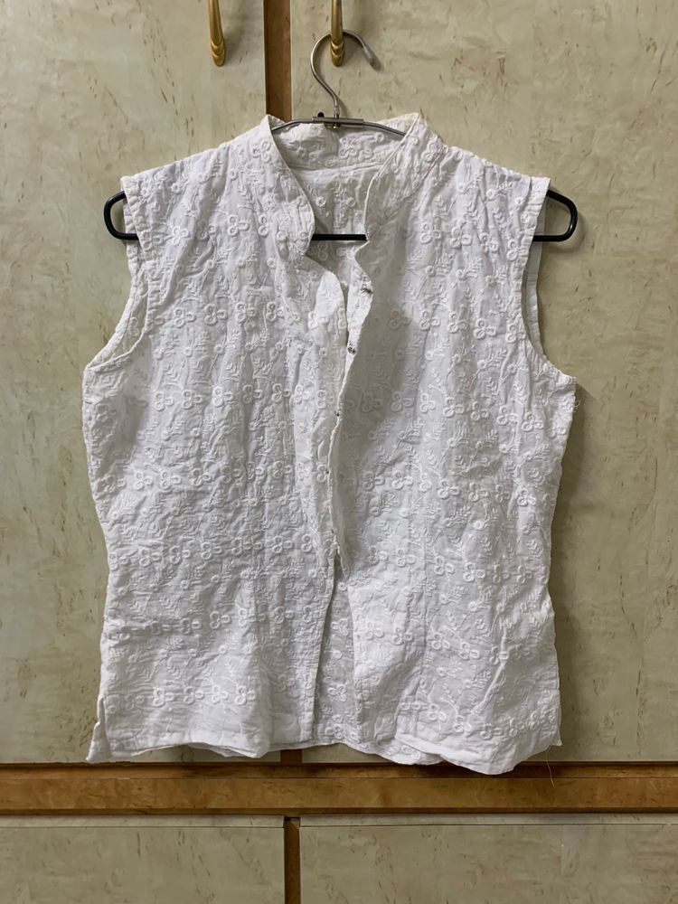 White Embroidered Sleeveless Top