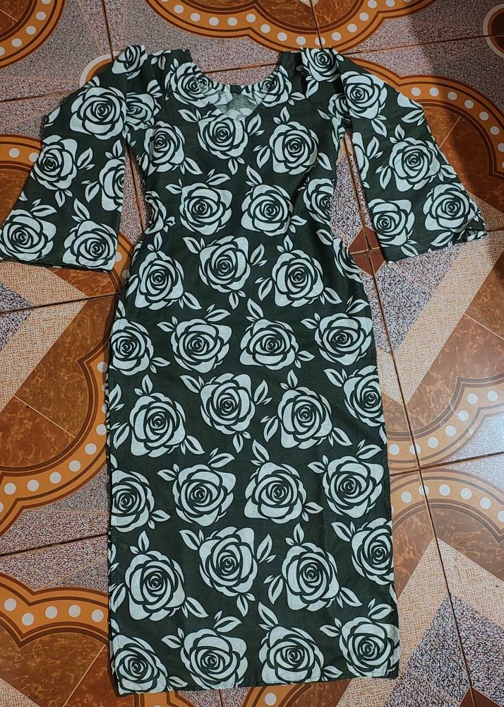 olive colour rose print cotton kurti with bell sle