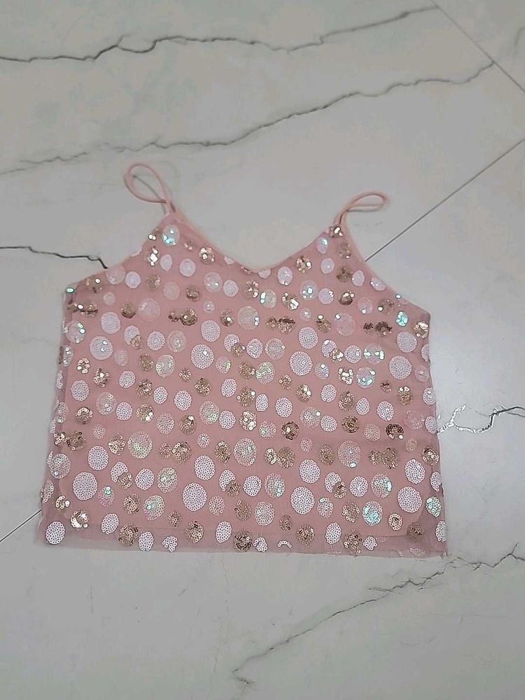 Pink Sequin Embellished Crop Top