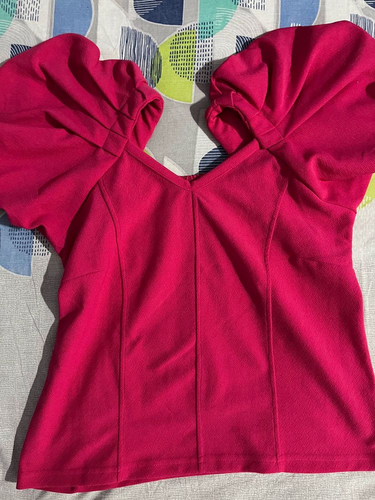 Chic Puff Sleeve Off-Shoulder Top – Bold Pink