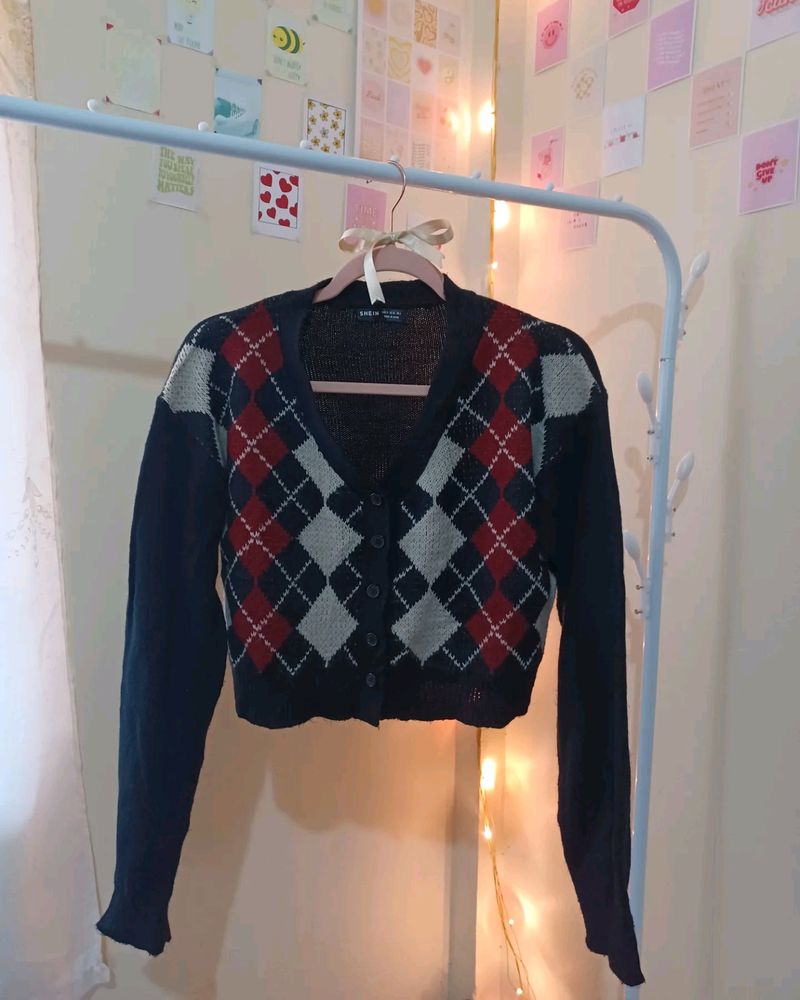Shein Argyle printed Crop Cardigan