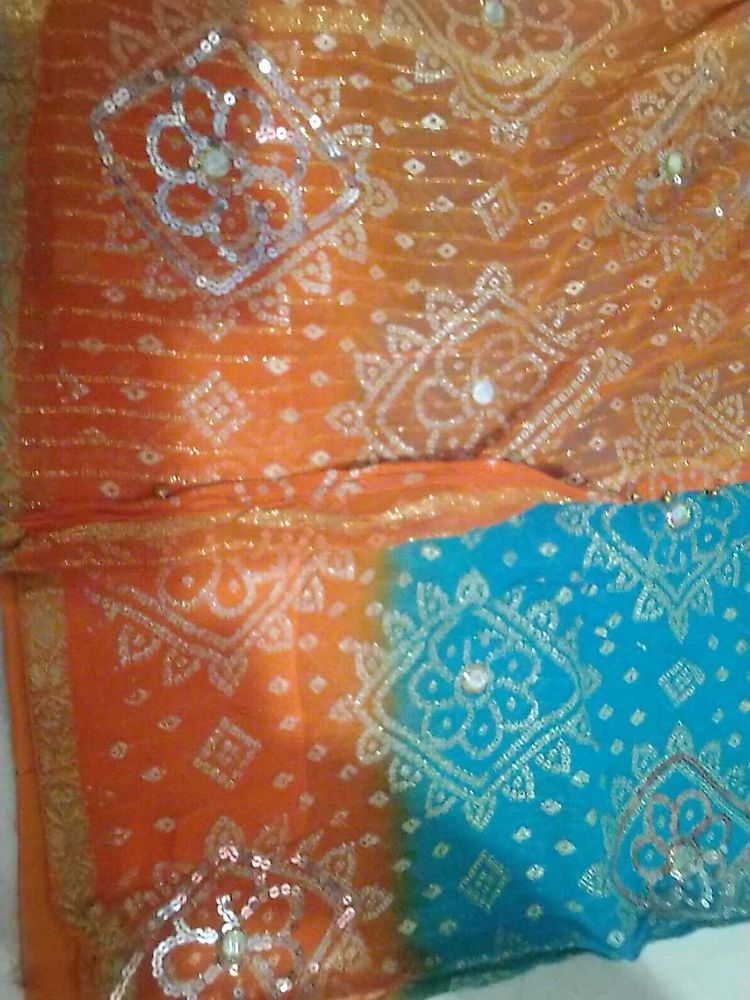 Bandhani Blue and orange saree for festive wear