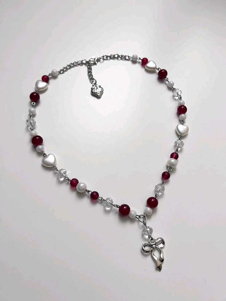 Beaded Heart &amp; Ribbon Charm Necklace