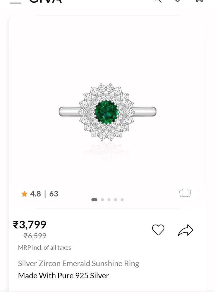 GIVA Silver Zircon Emerald Ring