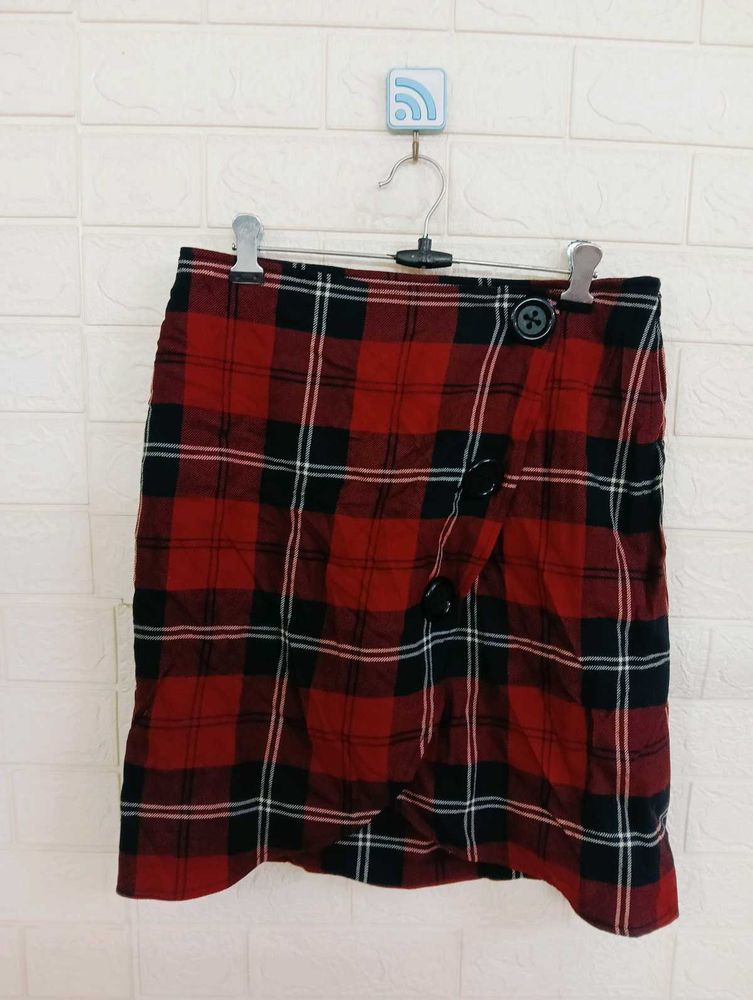 Red Plaid Wrap Mini Skirt