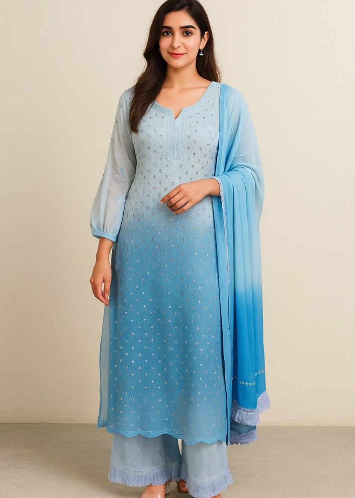 Viral Blue Chickenkari Kurta Set