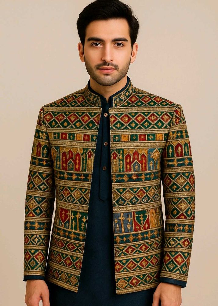 Patterned Nehru Jacket &amp; Kurta Set