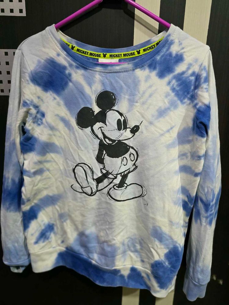White &amp; Blue Dyed Mickey Moudr Print T Shirt