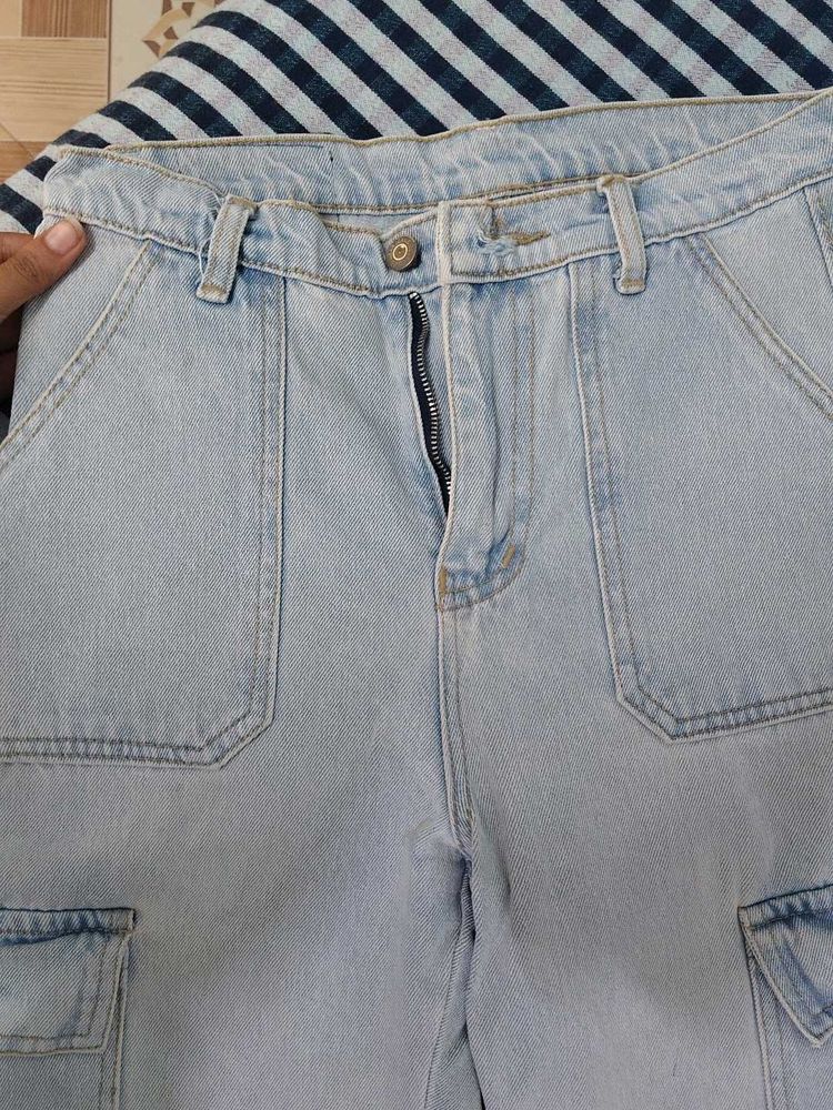washed blue cargo jeans