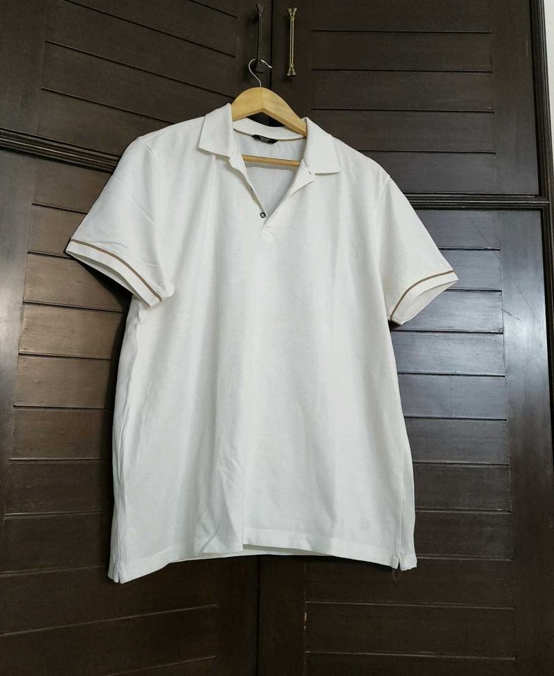 Massimo Dutti Men White Cotton Polo Tshirt