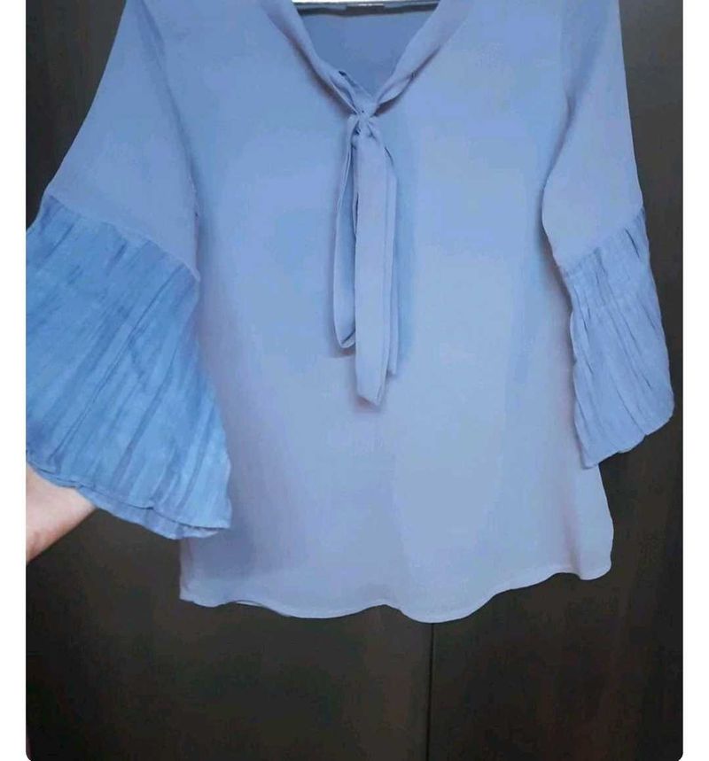 Blue Tie-Neck Blouse