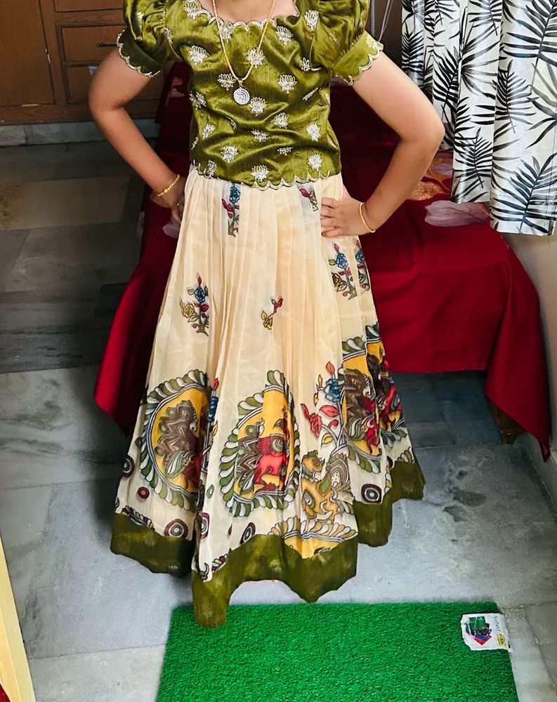 Green with cream colour Kalamkari Lehanga