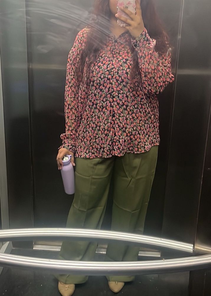 Sheer Floral Print Oversized Shirt