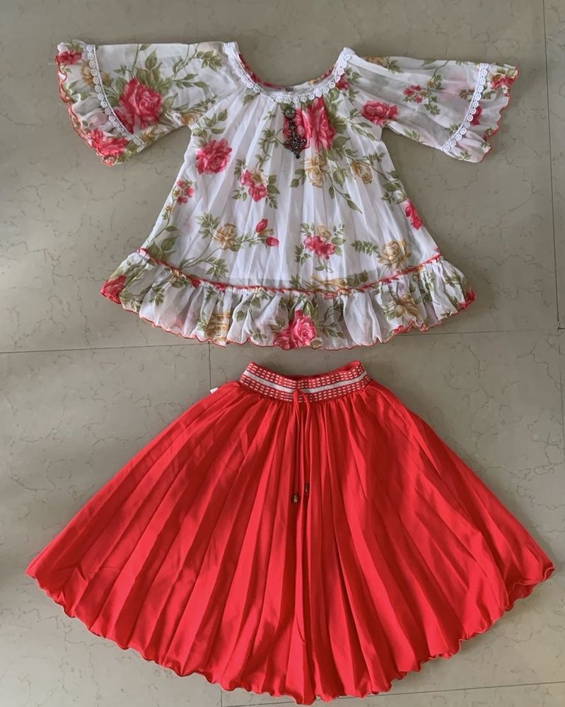 Girl’s Cute Floral Top &amp; Red Skirt Set 3-5 years
