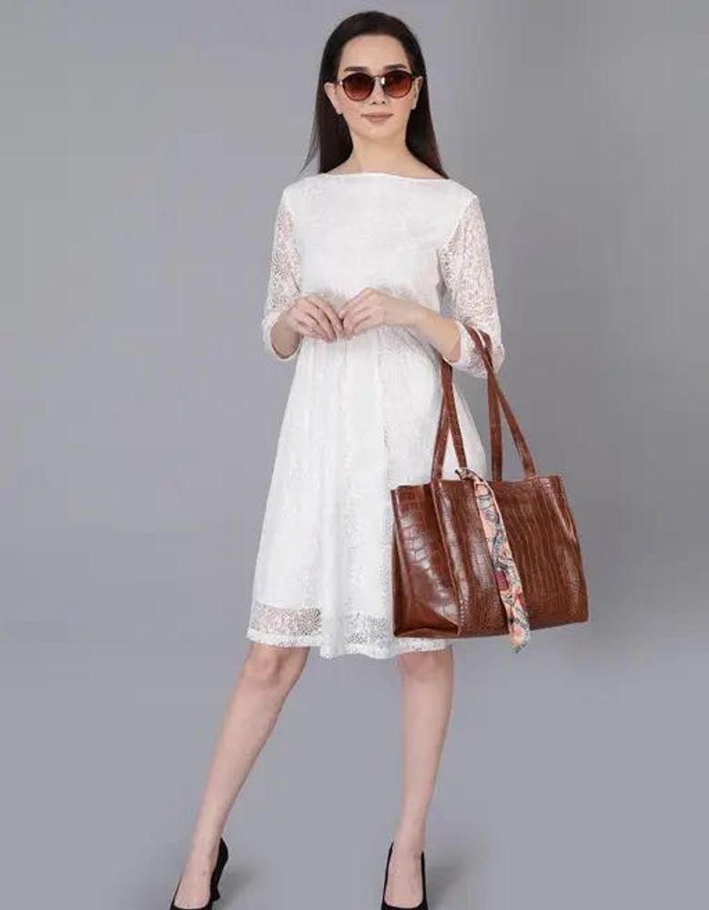 Jakanari Women A-line White Knee Length Dress