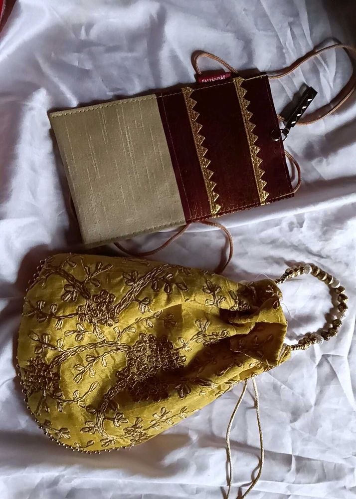 Yellow Embroidered Pouch Set