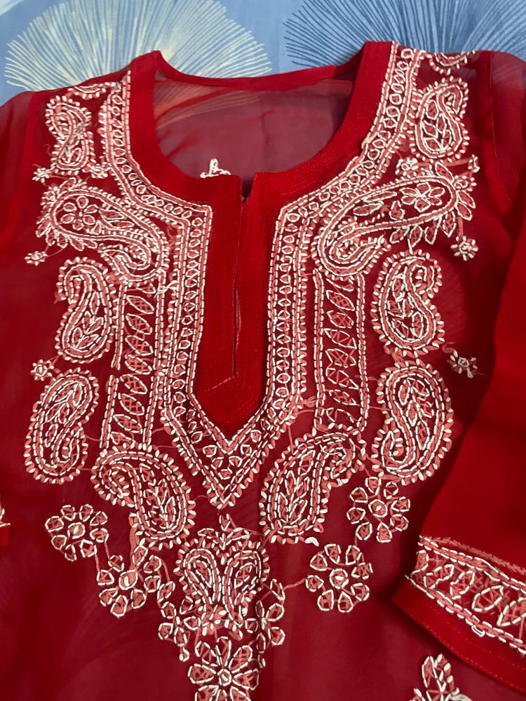 Red Chikankari Kurta