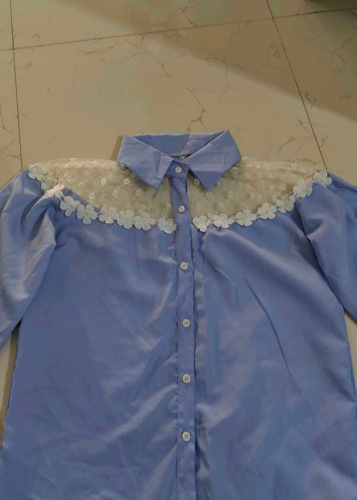 Blue Lace Shoulder Shirt Top