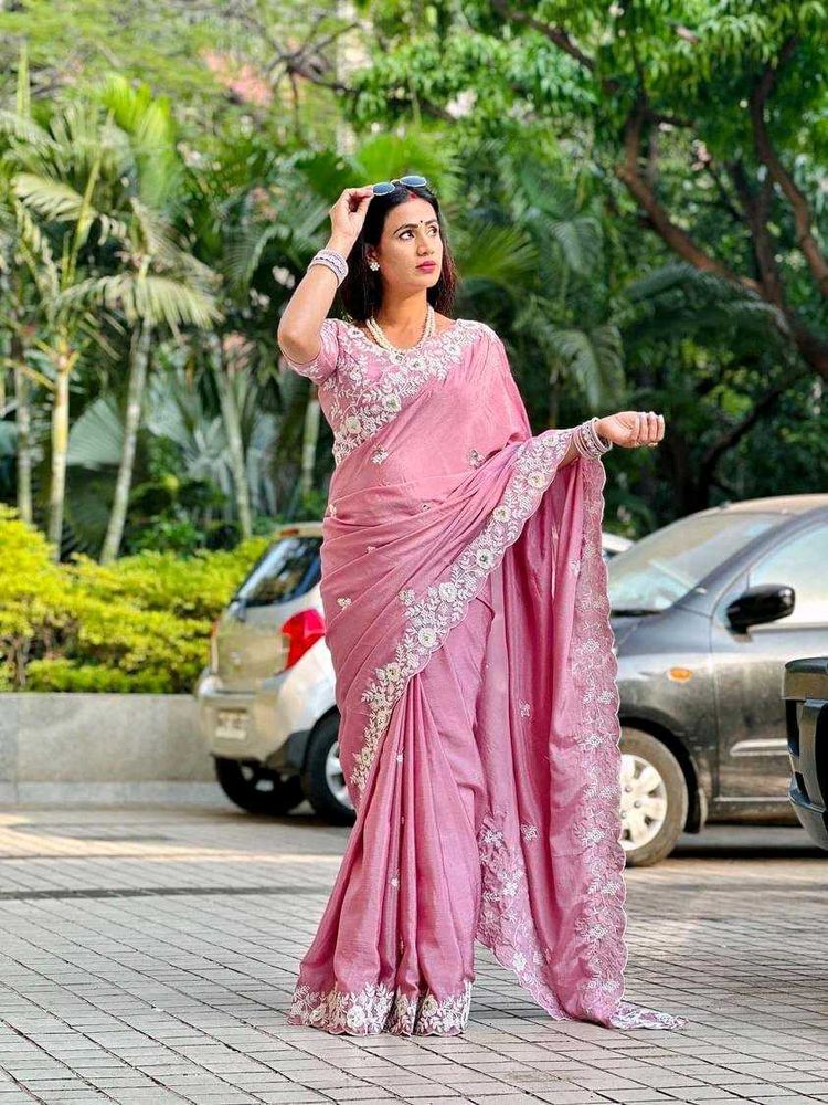 Elegant Pink Embroidered Silk Saree