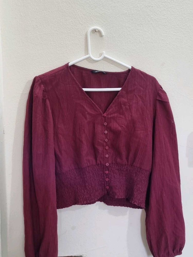 Cute Korean Maroon Button-Up Top