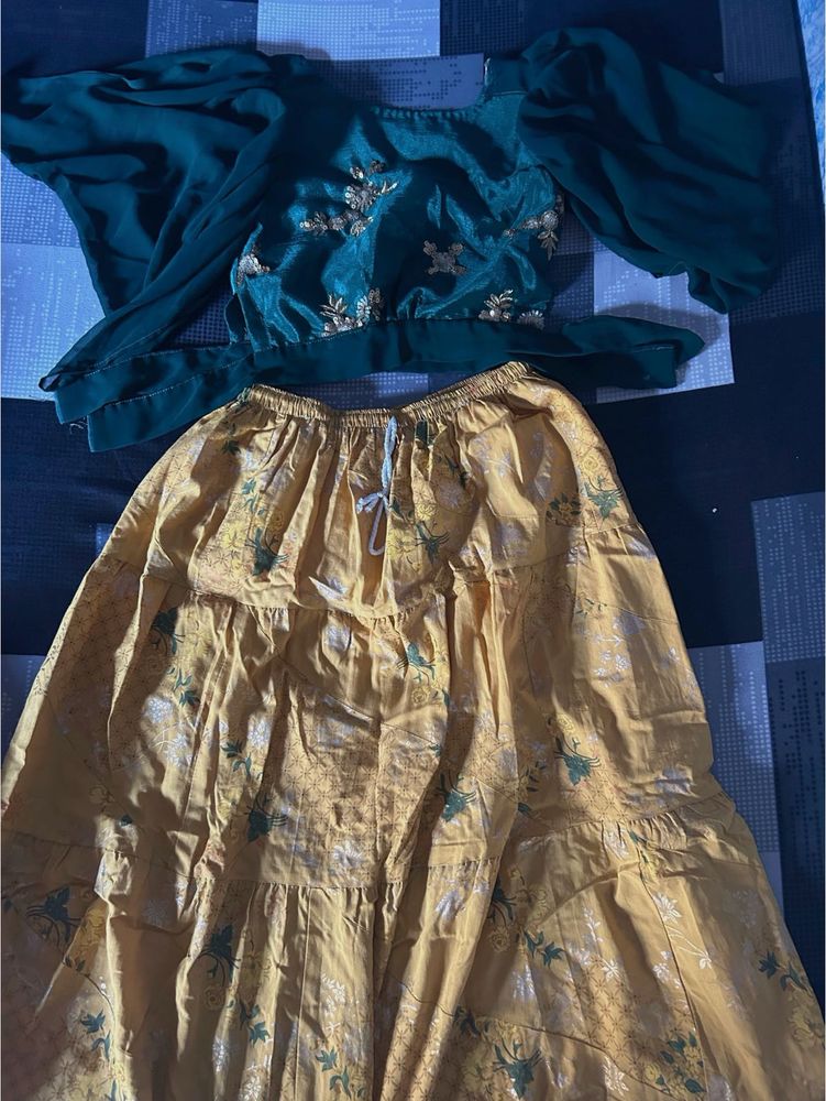 green sequins top with yellow skirt