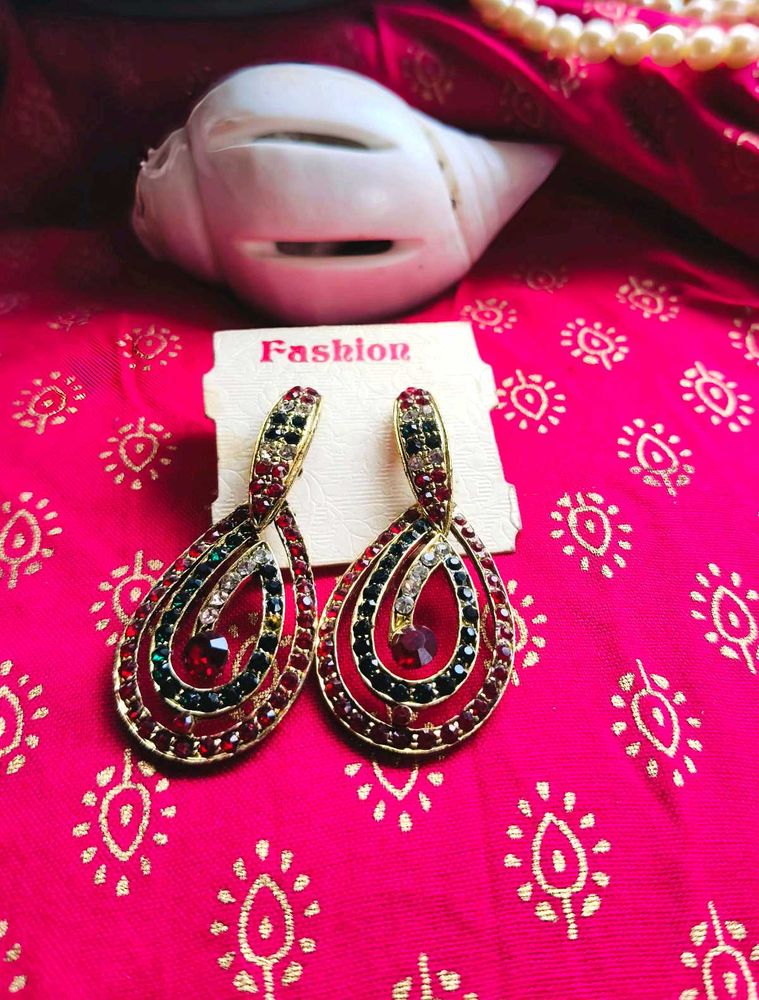 Beautiful Red And Green AD Stone Earrings