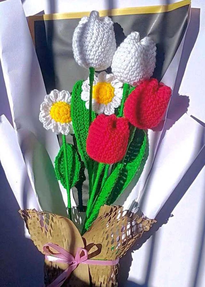 Handmade Crochet Tulips And Daisy Flower Bouquet